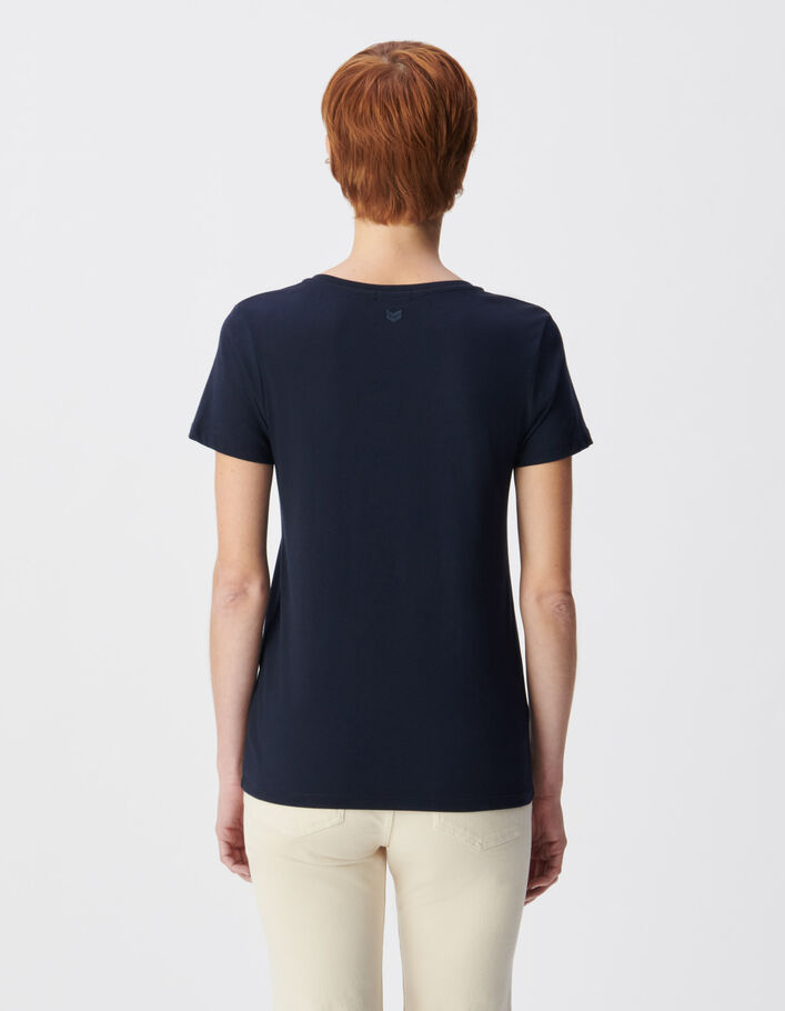 Tee-shirt encolure V marine broderie chevrons dos Femme
