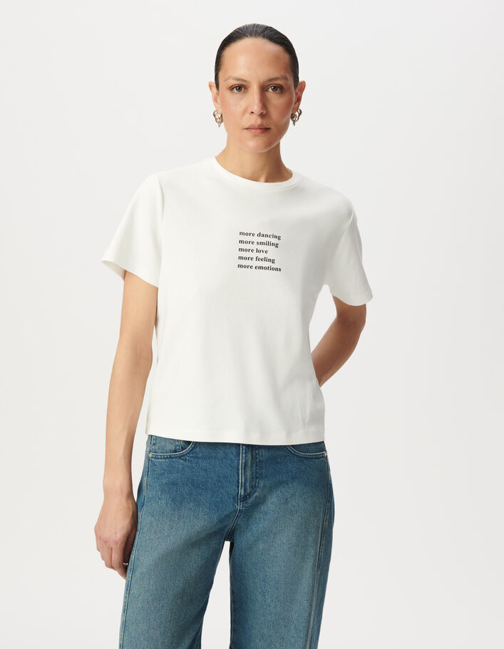 Tee-shirt col rond blanc cass&eacute; &agrave; message paillet&eacute; Femme