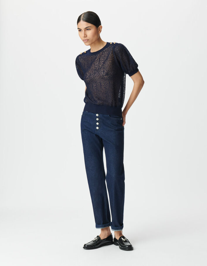 Pull marine tricot ajour&eacute; boutons &eacute;paules Femme