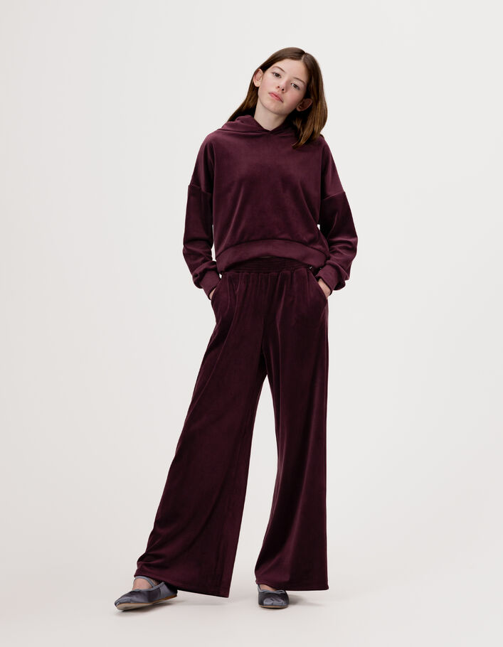 Sweat &agrave; capuche bordeaux maille velours fille