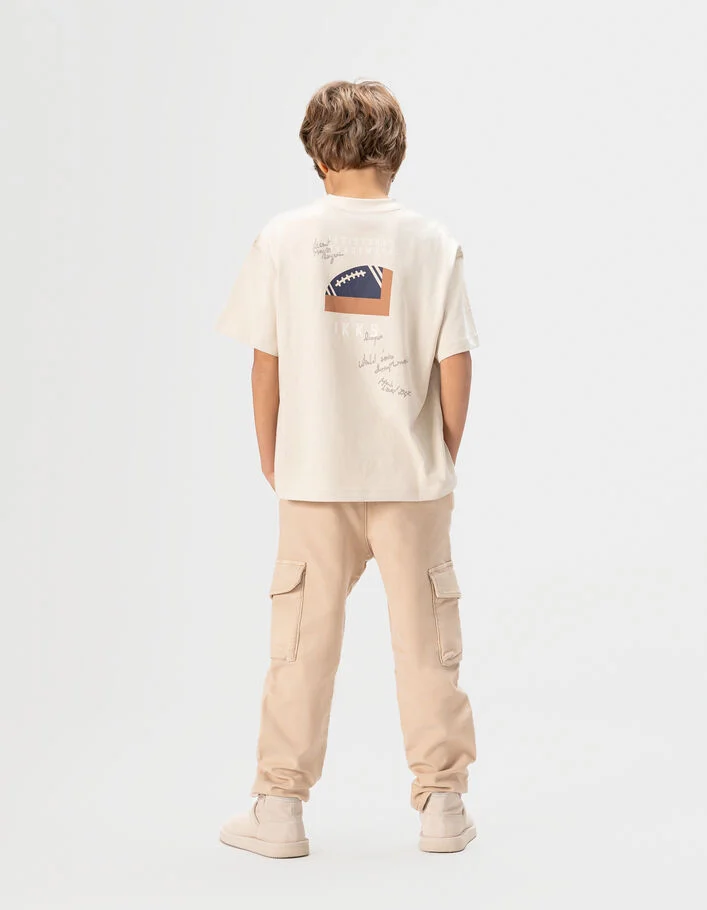 T-shirt beige coton bio poche maxi visuel dos gar&ccedil;on