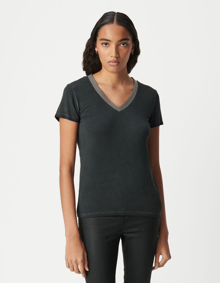 Tee-shirt manches courtes noir encolure V-bijou Femme
