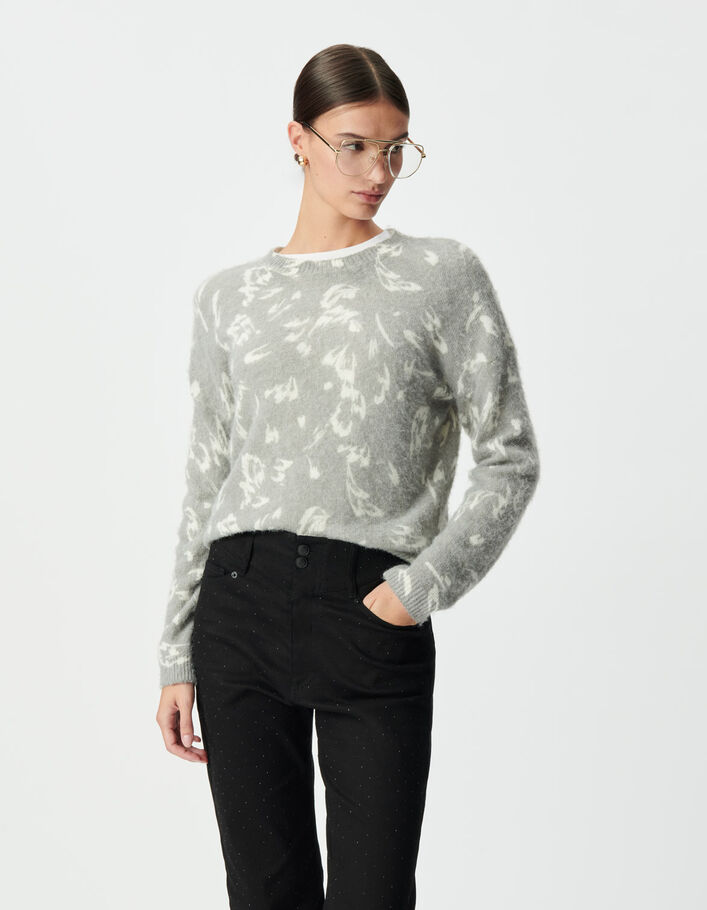 Pull hiver gris imprim&eacute; tachiste &eacute;cru Femme