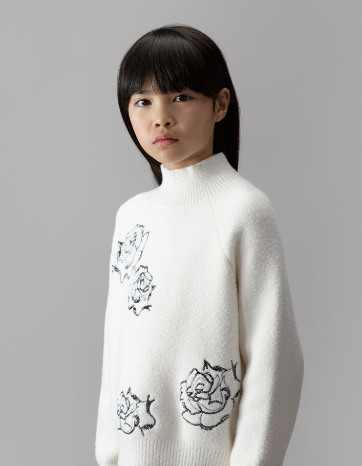 Pull col montant blanc tricot broderies sequins fille