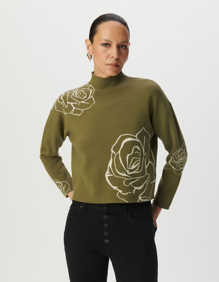 Pull col montant vert tricot jacquard motif roses Femme