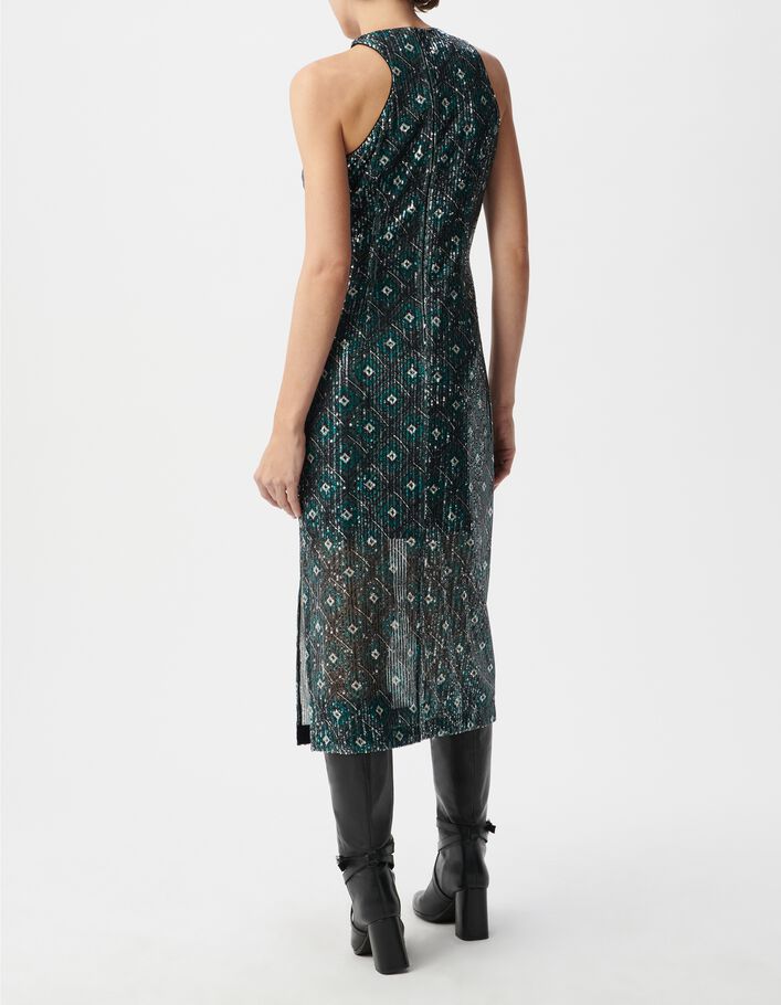 Robe midi noire imprim&eacute; g&eacute;om&eacute;trique brod&eacute;e sequins Femme