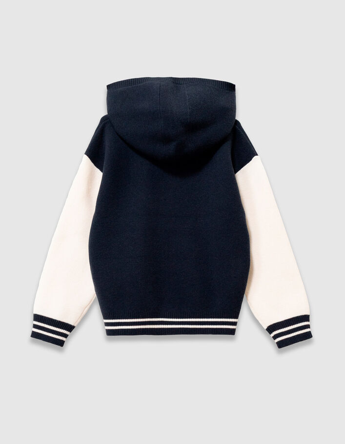 Pull capuche marine tricot jacquard message gar&ccedil;on