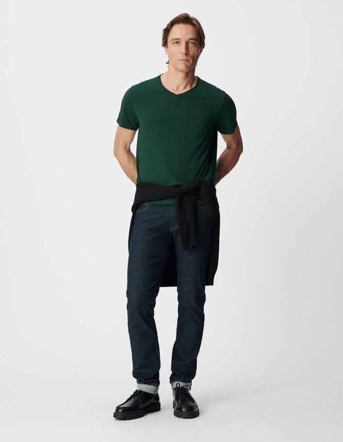 T-shirt encolure V vert coton bio flamm&eacute; Homme