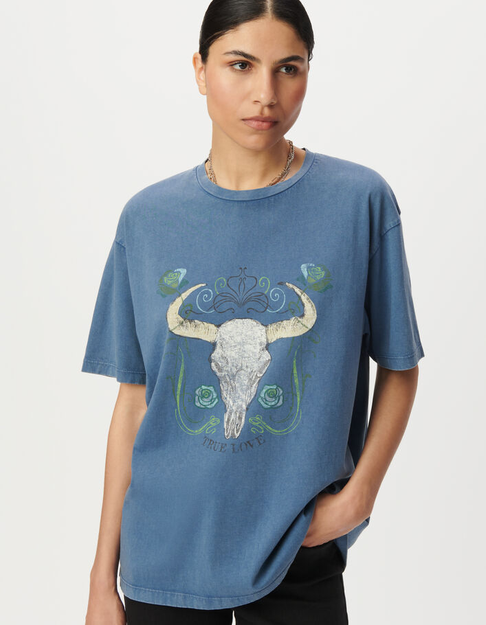 Tee-shirt manches courtes bleu gris&eacute; visuel buffle Femme