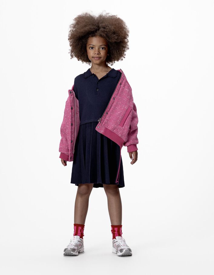 Robe manches longues marine tricot pliss&eacute; fille