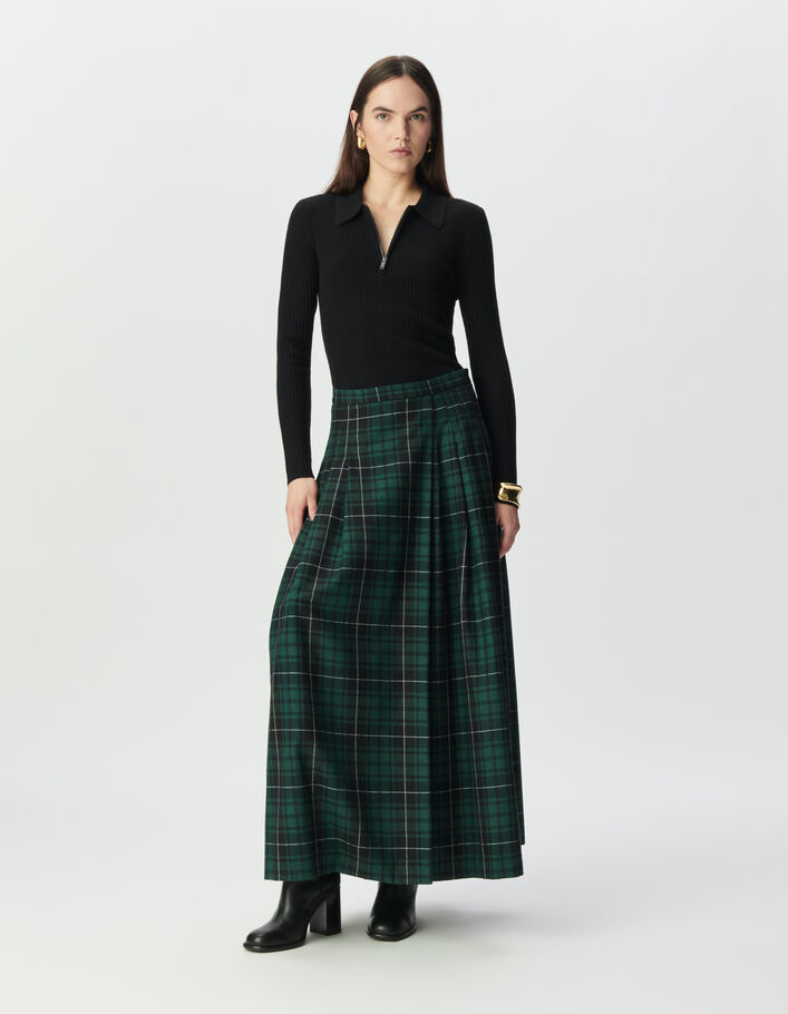 Pull noir tricot 100% laine col polo zipp&eacute; Femme