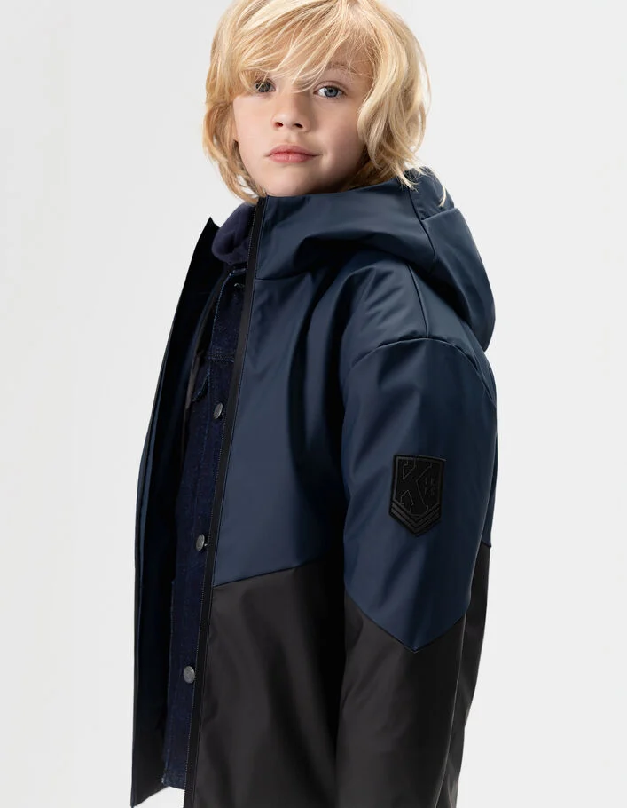 Parka &agrave; capuche marine et noire d&eacute;perlante gar&ccedil;on