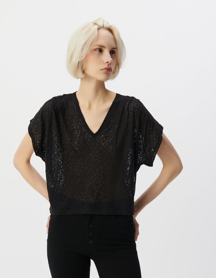 Tee-shirt encolure V noir motif transparent l&eacute;opard Femme