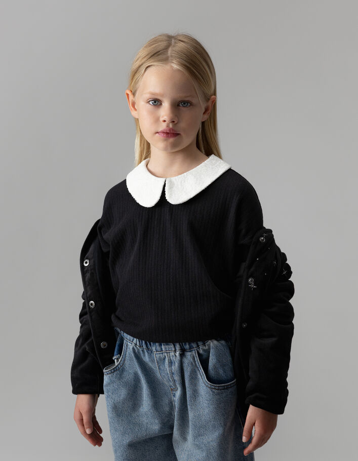 T-shirt manches longues noir col &eacute;cru brod&eacute; sequins fille