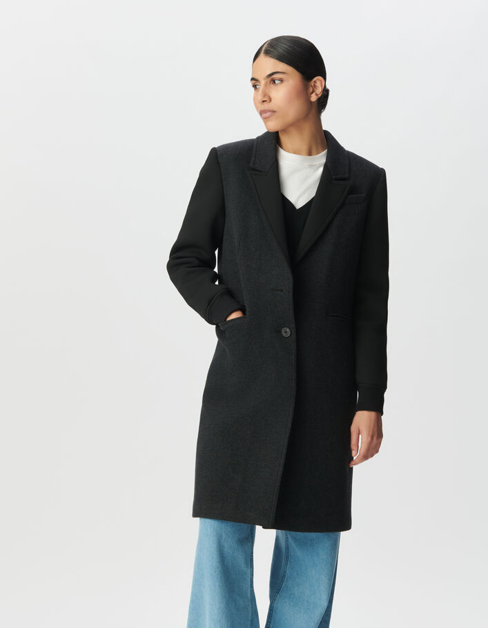 Manteau gris bi-mati&egrave;re manches noires Femme