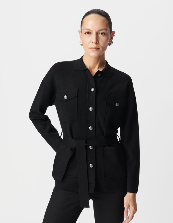 Cardigan saharienne noir tricot quatre poches Femme