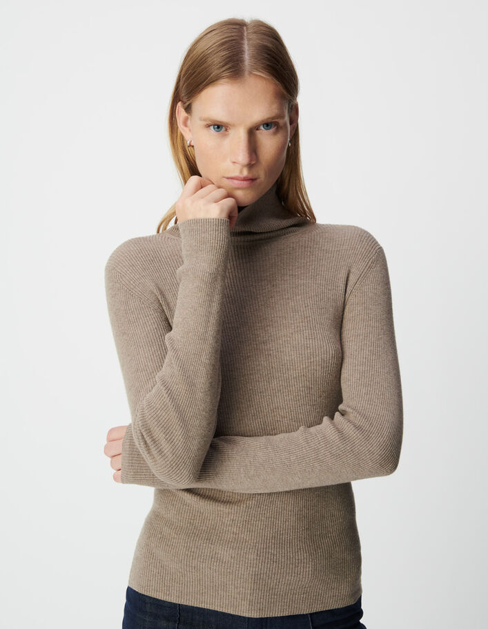 Pull col roul&eacute; beige tricot Femme