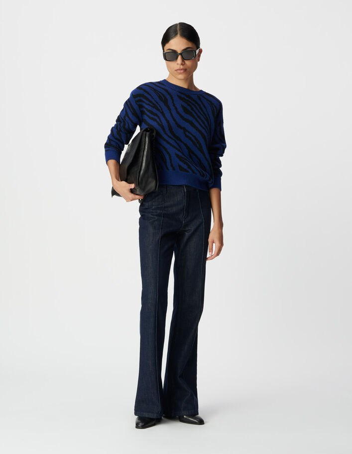 Pull hiver bleu tricot motif z&egrave;bre cropped Femme