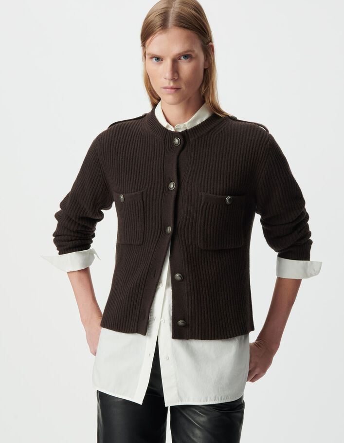 Cardigan court marron 100% laine c&ocirc;tel&eacute;e Femme