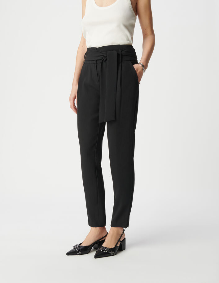Pantalon droit noir taille haute ceintur&eacute;e Femme