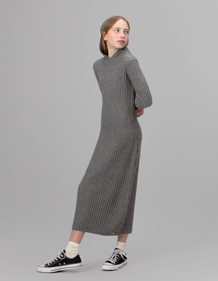 Robe &agrave; capuche grise tricot c&ocirc;tel&eacute; fille