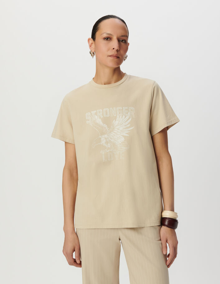 Tee-shirt col rond beige coton bio visuel aigle Femme
