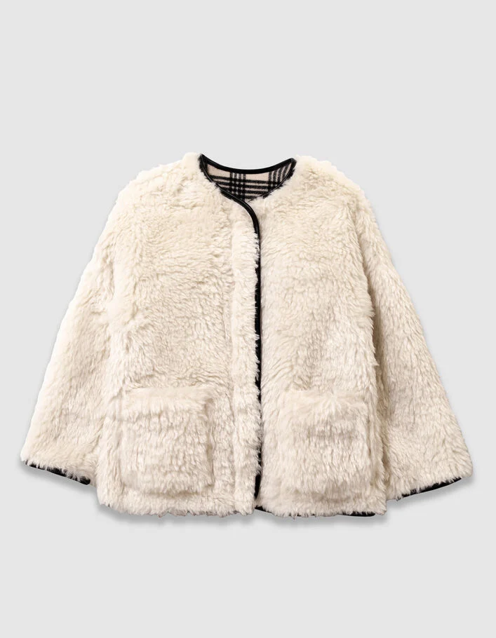 Manteau r&eacute;versible beige carreaux et sherpa fille
