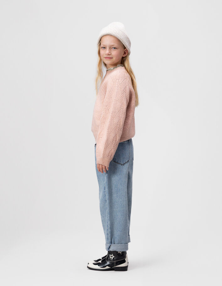 Pull rose tricot manches jacquard fille