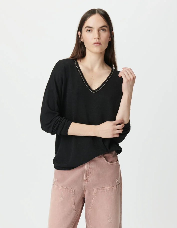 Pull noir tricot fin lurex encolure bijou Femme