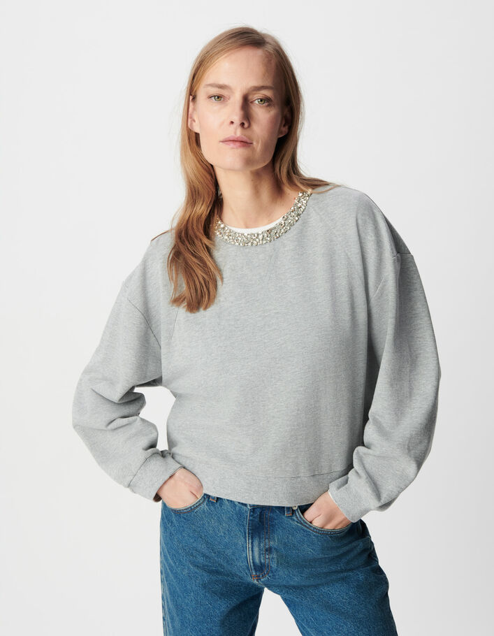 Sweat gris oversize &agrave; col bijou Femme