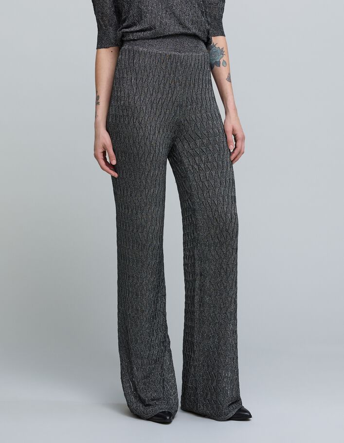 Pantalon gris maille fine graphique ajour&eacute;e Femme