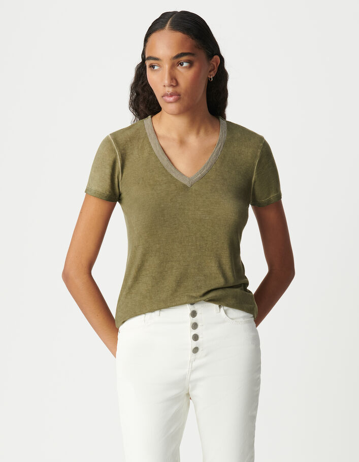 Tee-shirt manches courtes kaki encolure V-bijou Femme