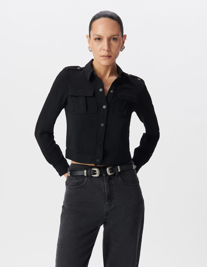 Chemise noire cropped poches poitrine Femme
