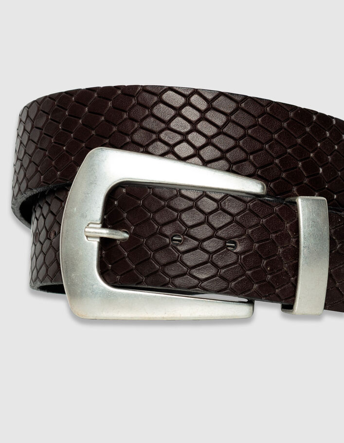 Ceinture large marron cuir emboss&eacute; effet python Femme