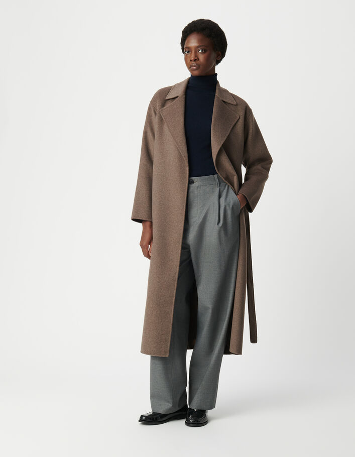 Manteau long beige ceintur&eacute; Femme