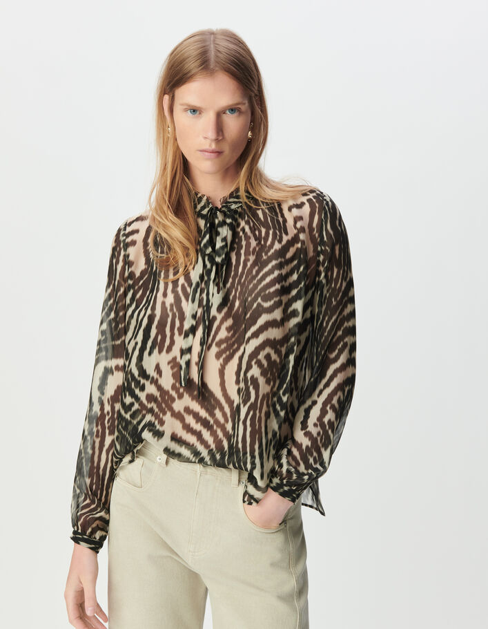 Blouse lavalli&egrave;re noire imprim&eacute; z&eacute;bra Femme