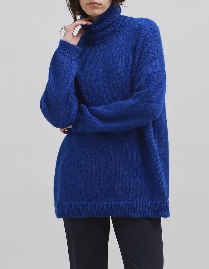 Pull bleu roi tricot col roul&eacute; Femme