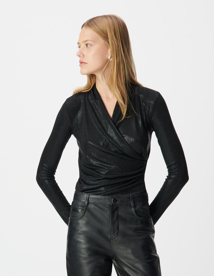 Tee-shirt noir lam&eacute; forme cache-coeur Femme