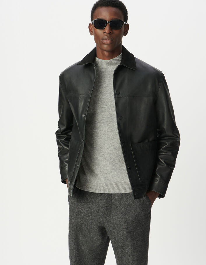 Blouson noir en cuir col cuir velours c&ocirc;tel&eacute; Homme