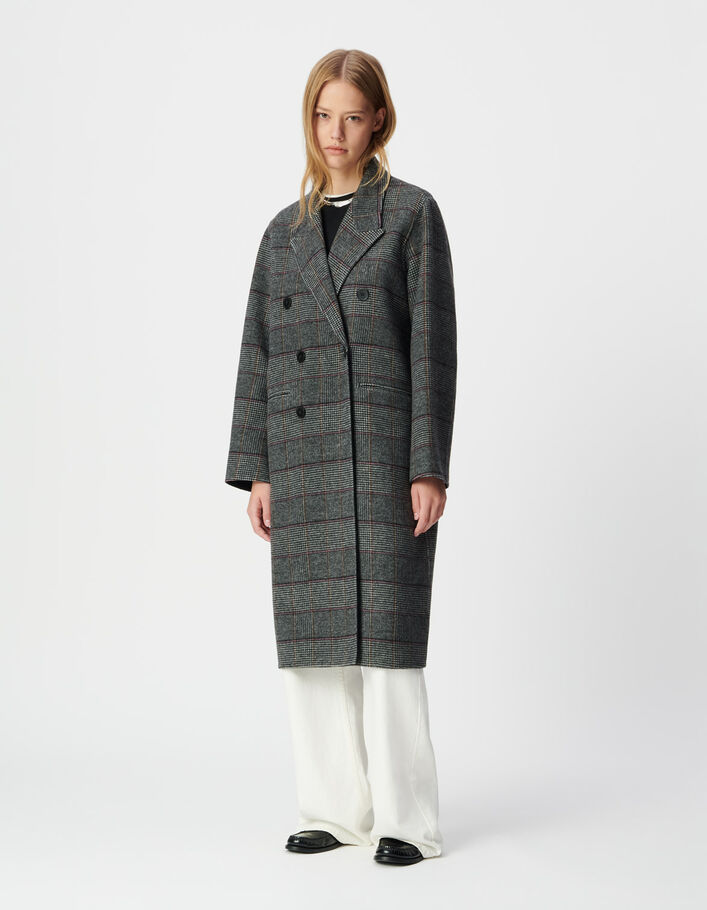 Manteau long gris motif carreaux boutonnage crois&eacute; Femme