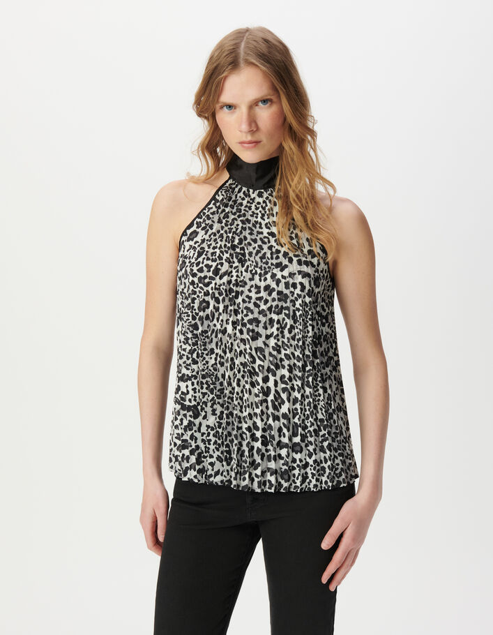 Top gris polyester recycl&eacute; imprim&eacute; panth&egrave;re Femme