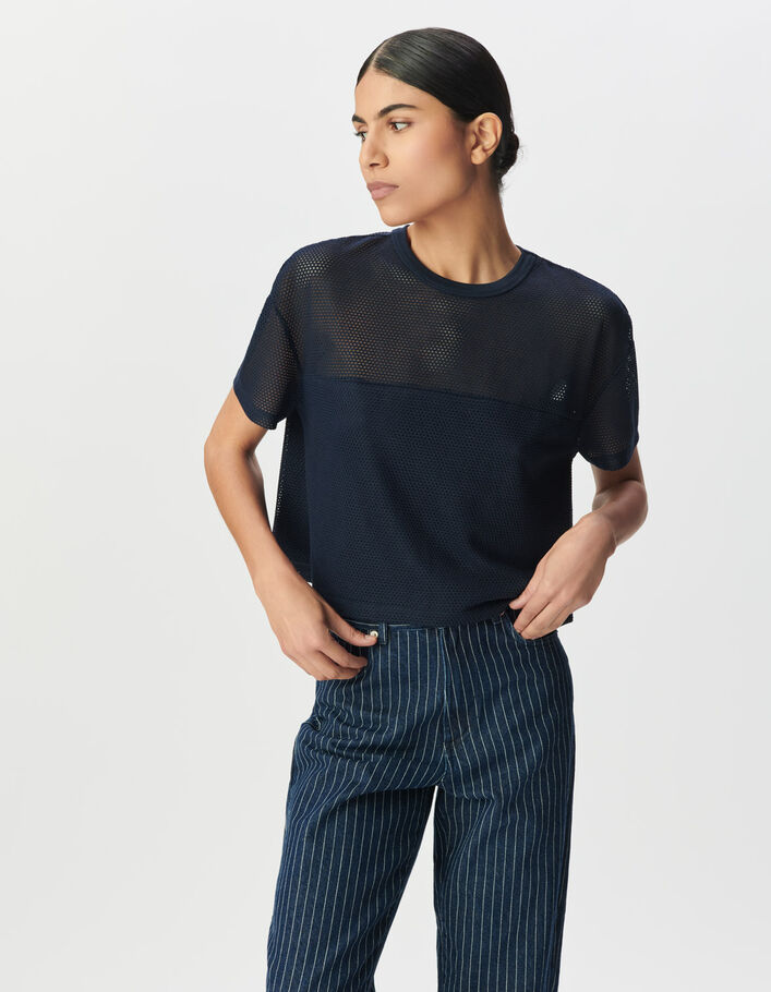 Tee-shirt marine maille r&eacute;sille en relief Femme