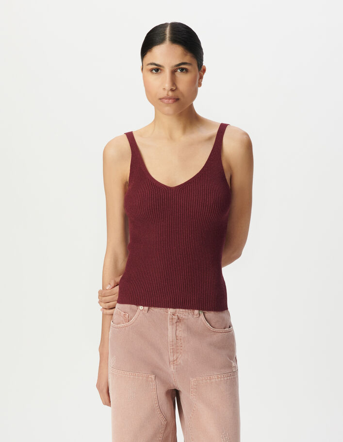 Pull bretelles bordeaux tricot fantaisie c&ocirc;tel&eacute; Femme