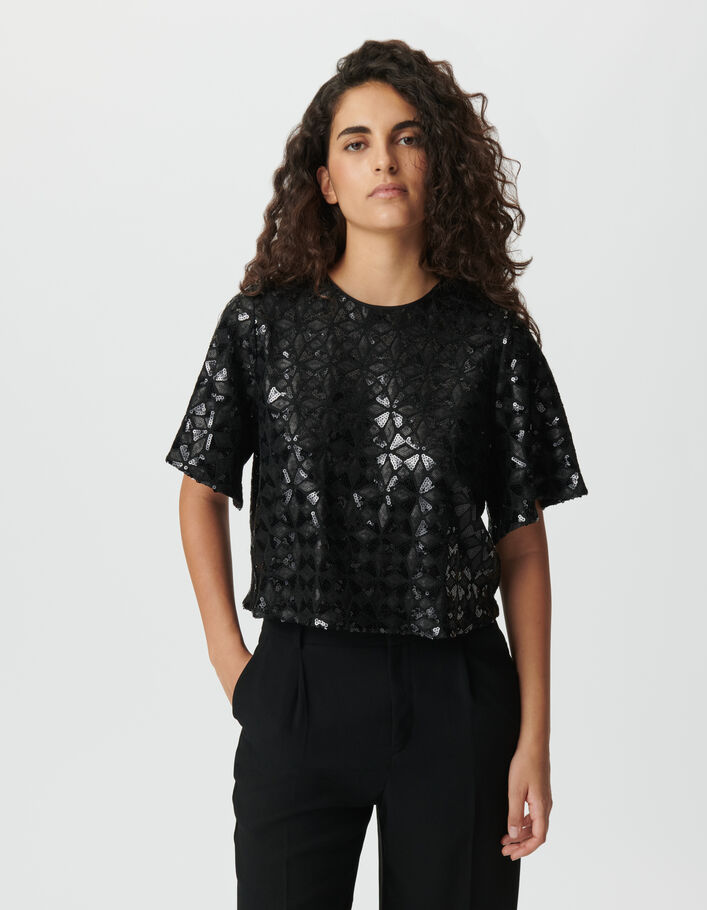Top noir brod&eacute; sequins manches papillon Femme