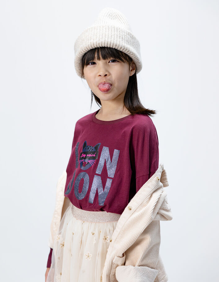 T-shirt bordeaux coton bio message et chat fille