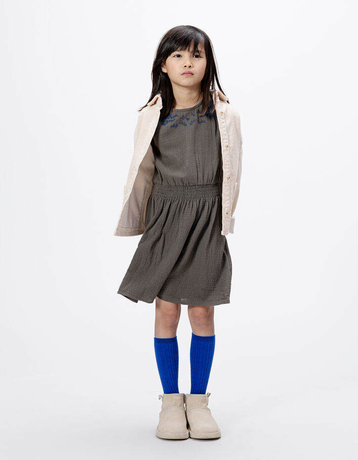 Robe kaki broderies fleurs marine fille