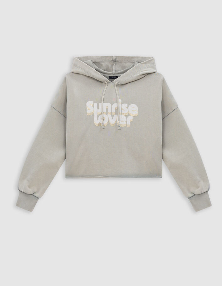 Sweat vert cropped &agrave; capuche message paillet&eacute; fille