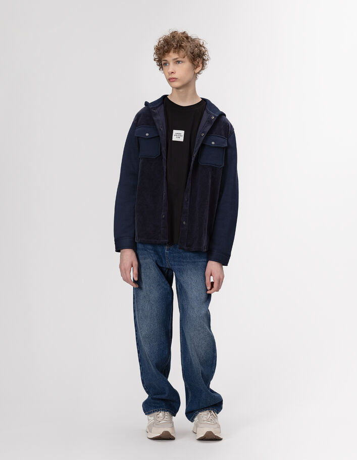 Surchemise marine bi-mati&egrave;re &agrave; capuche gar&ccedil;on