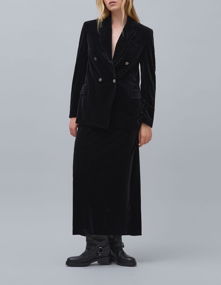 Jupe crayon noire panne de velours c&ocirc;tel&eacute;e Femme