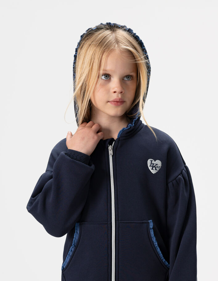 Cardigan &agrave; capuche zipp&eacute; marine bords feston fille